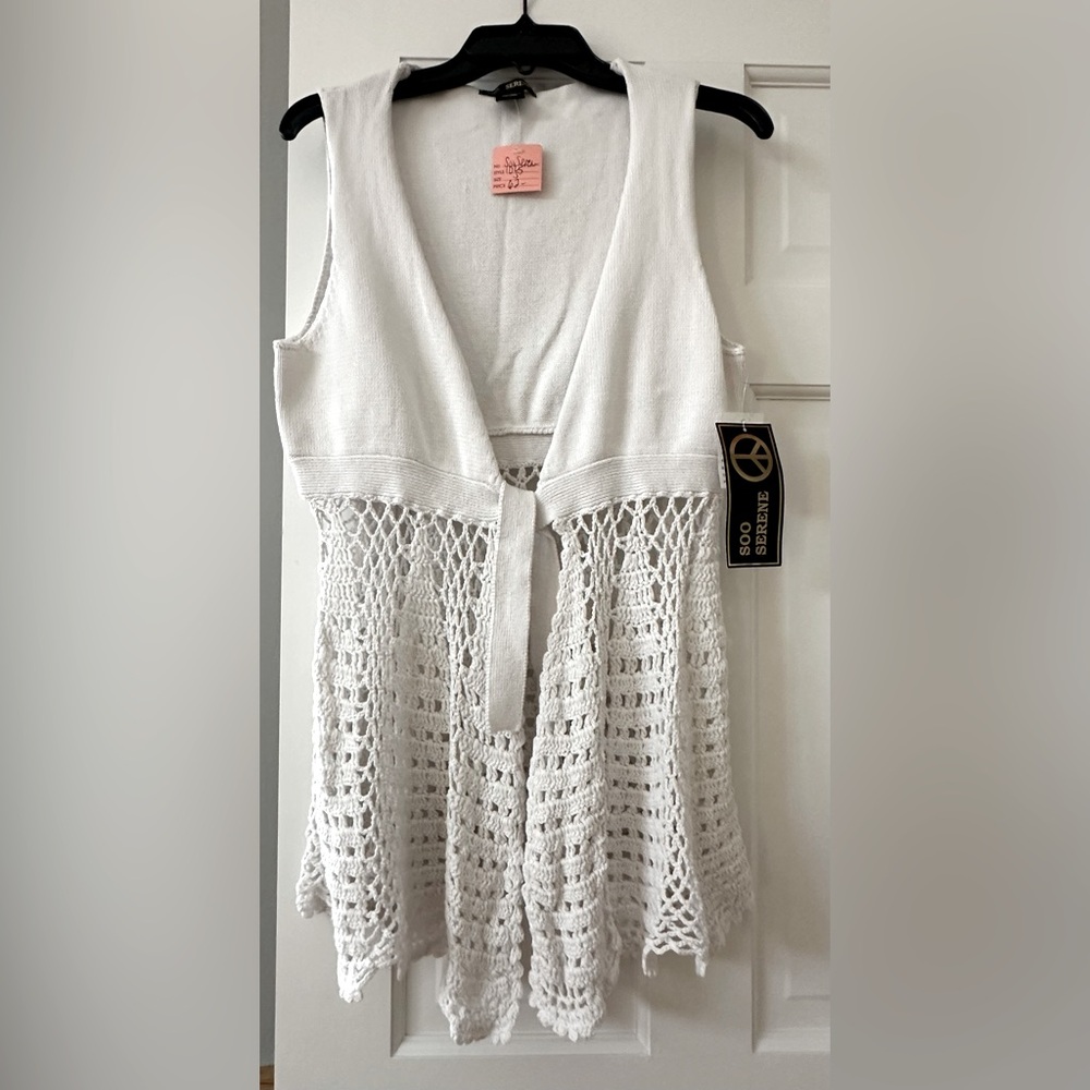 SOO SERENE Crochet Open Knit Sweater Cardigan Vest Tie Front Long White Boho